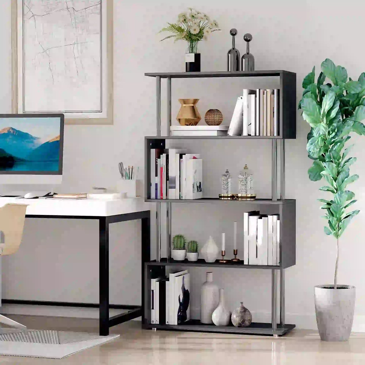 5-Tier Geometric Wooden Bookcase, S-Shaped Storage, Black Display Bookshelves at Gallery Canada