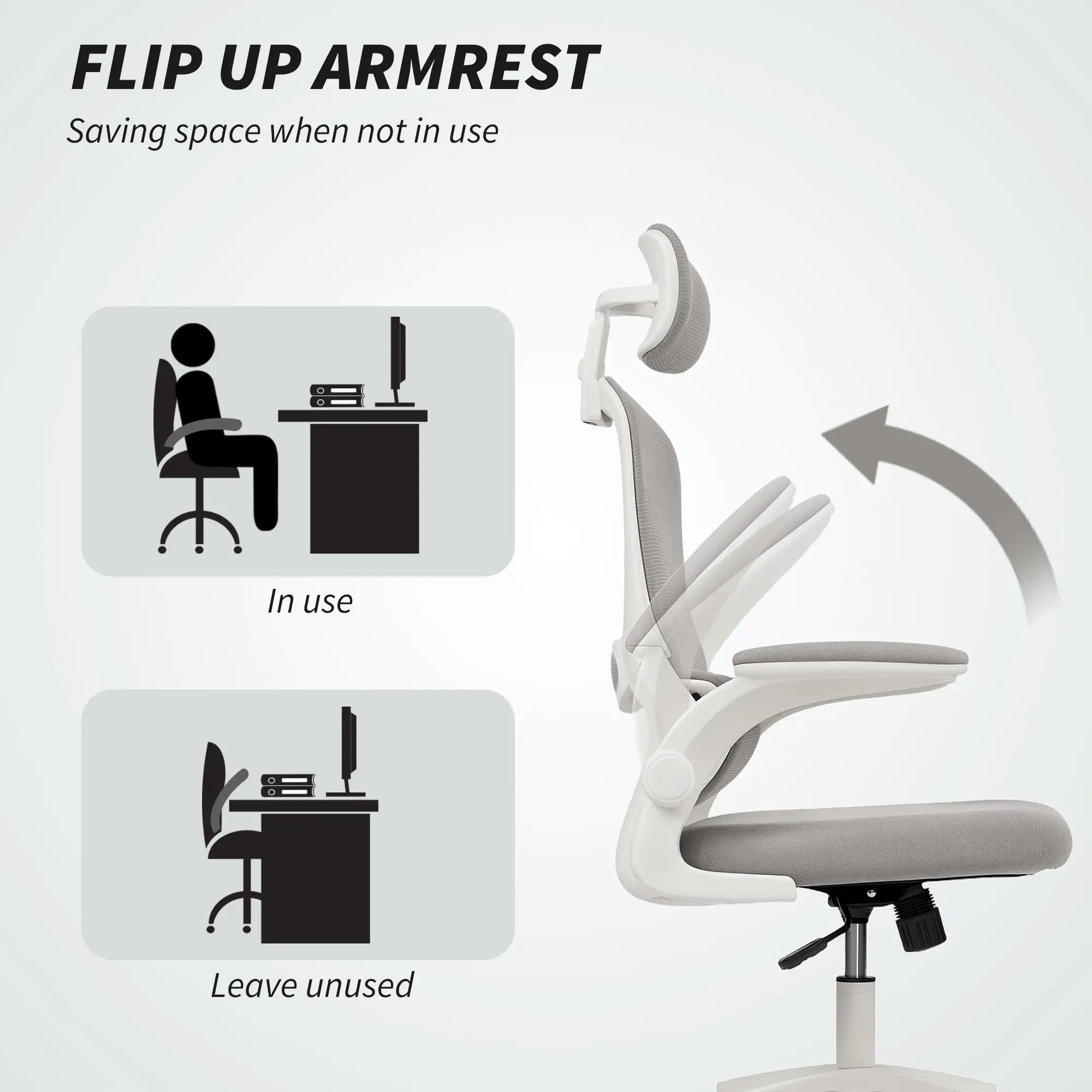 Ergonomic Mesh Office Chair, High Back, Rotatable Headrest, Flip-Up Armrests, Lumbar Support, Grey Task Chairs at Gallery Canada