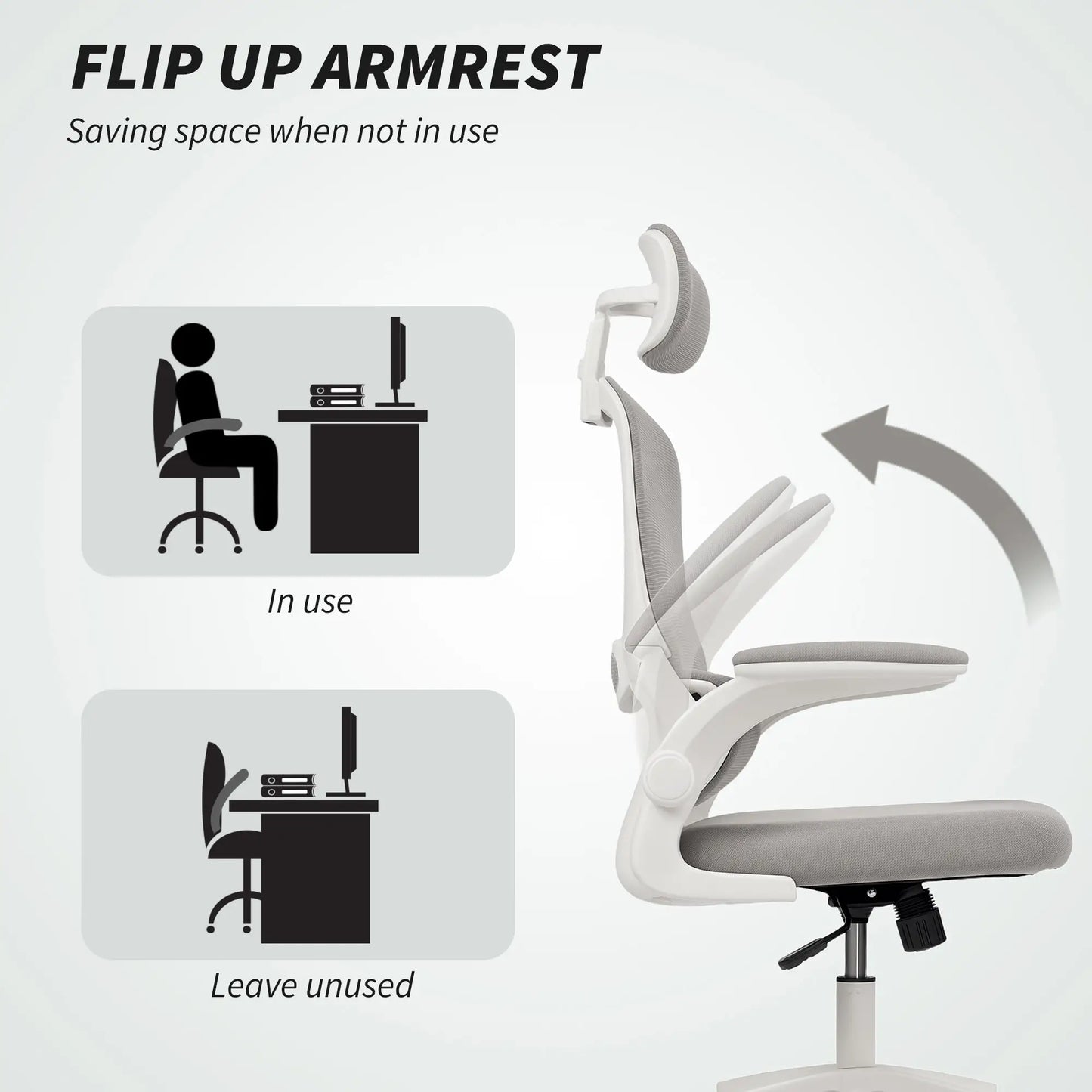 Ergonomic Mesh Office Chair, High Back, Rotatable Headrest, Flip-Up Armrests, Lumbar Support, Grey Task Chairs at Gallery Canada
