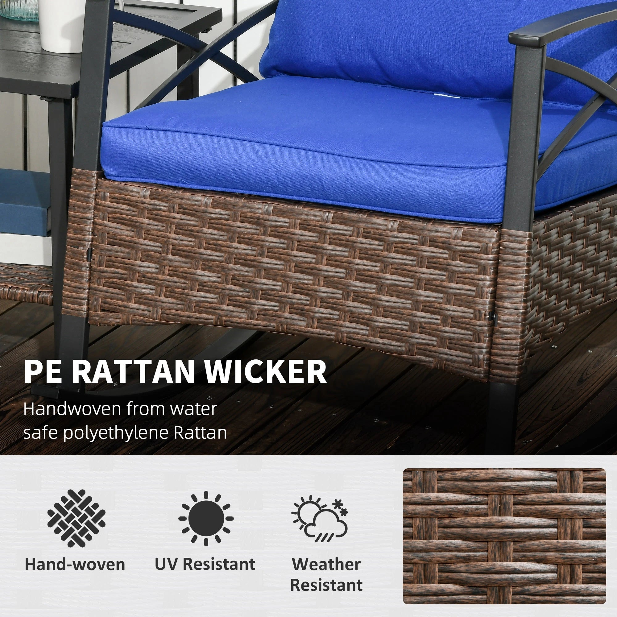 3 Pcs PE Rattan Rocking Chair Set, Bistro Set with Table, Dark Blue Outdoor Rocking Chairs at Gallery Canada