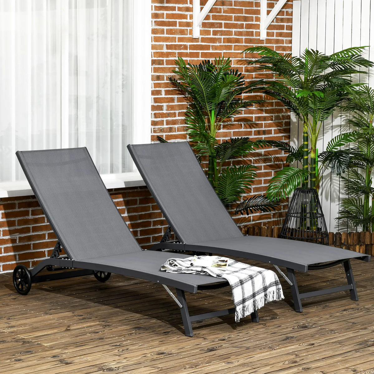 Outdoor Lounge Chair Set of 2, Breathable Mesh, Wheels, Dark Grey Lounger Chairs at Gallery Canada