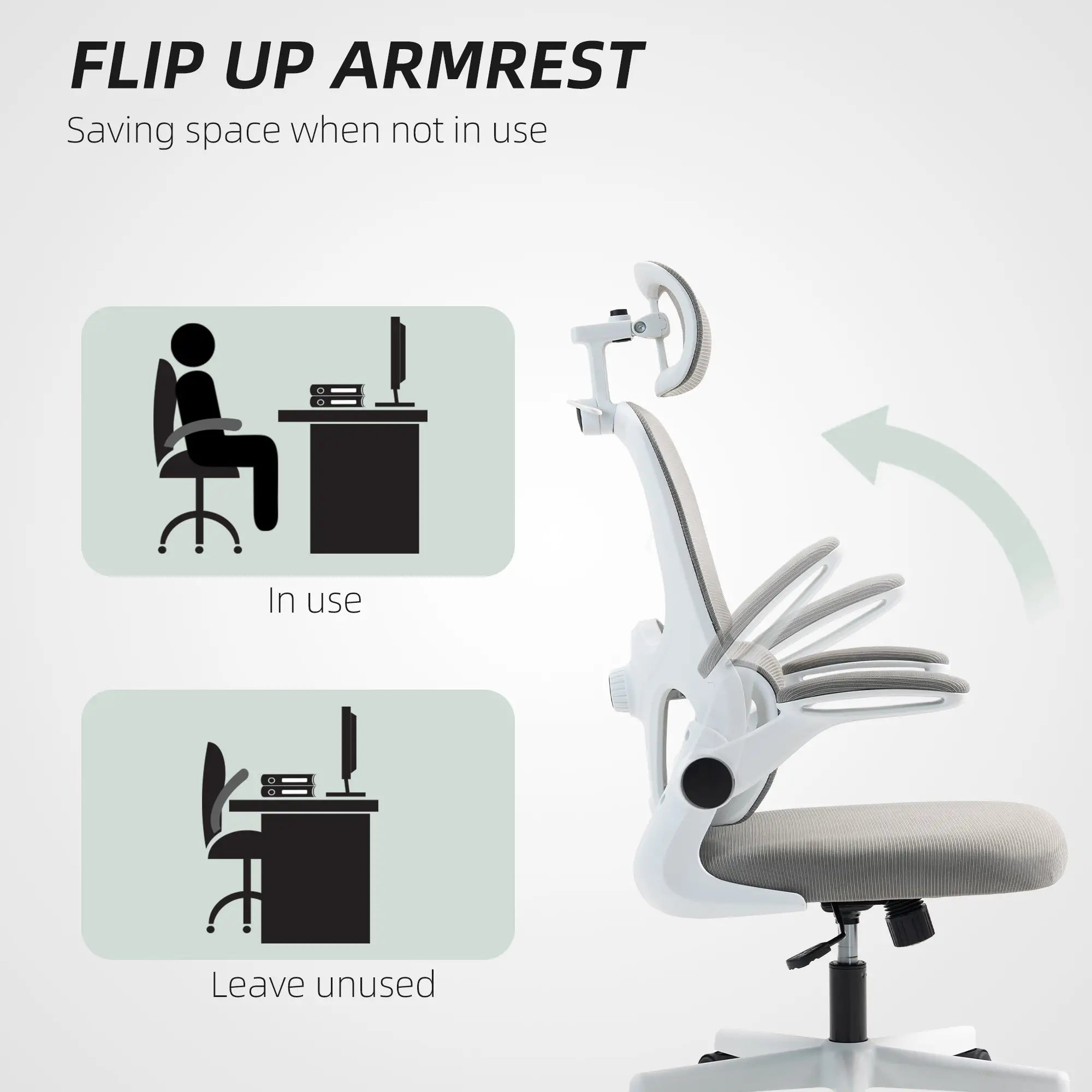 Mesh Office Chair, Ergonomic with Flip-Up Armrest, Rotatable Headrest, Adjustable Lumbar Support, Grey Office Chairs at Gallery Canada