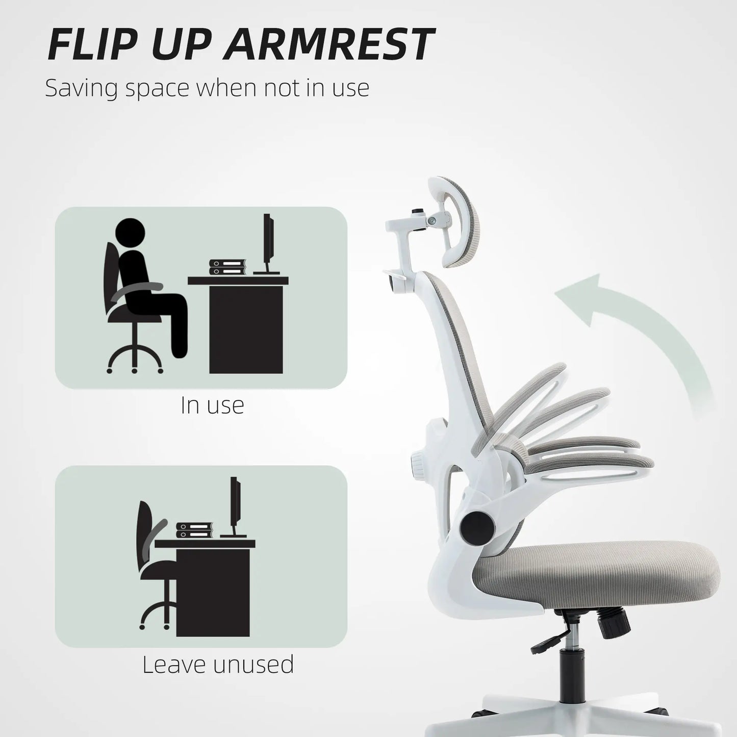 Mesh Office Chair, Ergonomic with Flip-Up Armrest, Rotatable Headrest, Adjustable Lumbar Support, Grey Office Chairs at Gallery Canada