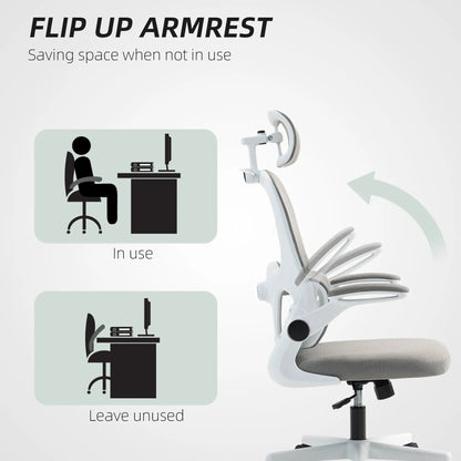 Mesh Office Chair, Ergonomic with Flip-Up Armrest, Rotatable Headrest, Adjustable Lumbar Support, Grey Office Chairs at Gallery Canada