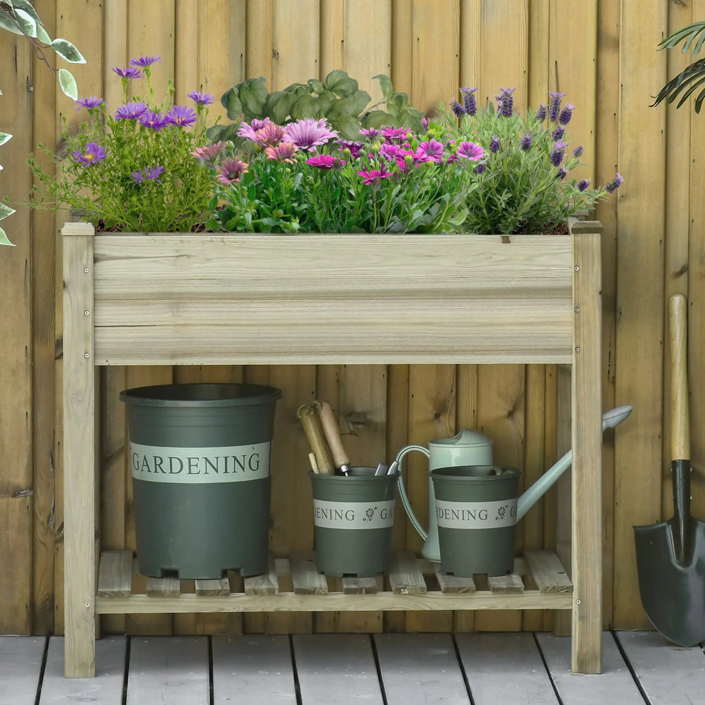 Elevated Wooden Planter Box With Legs And Storage Shelf, Green Elevated Garden Beds at Gallery Canada