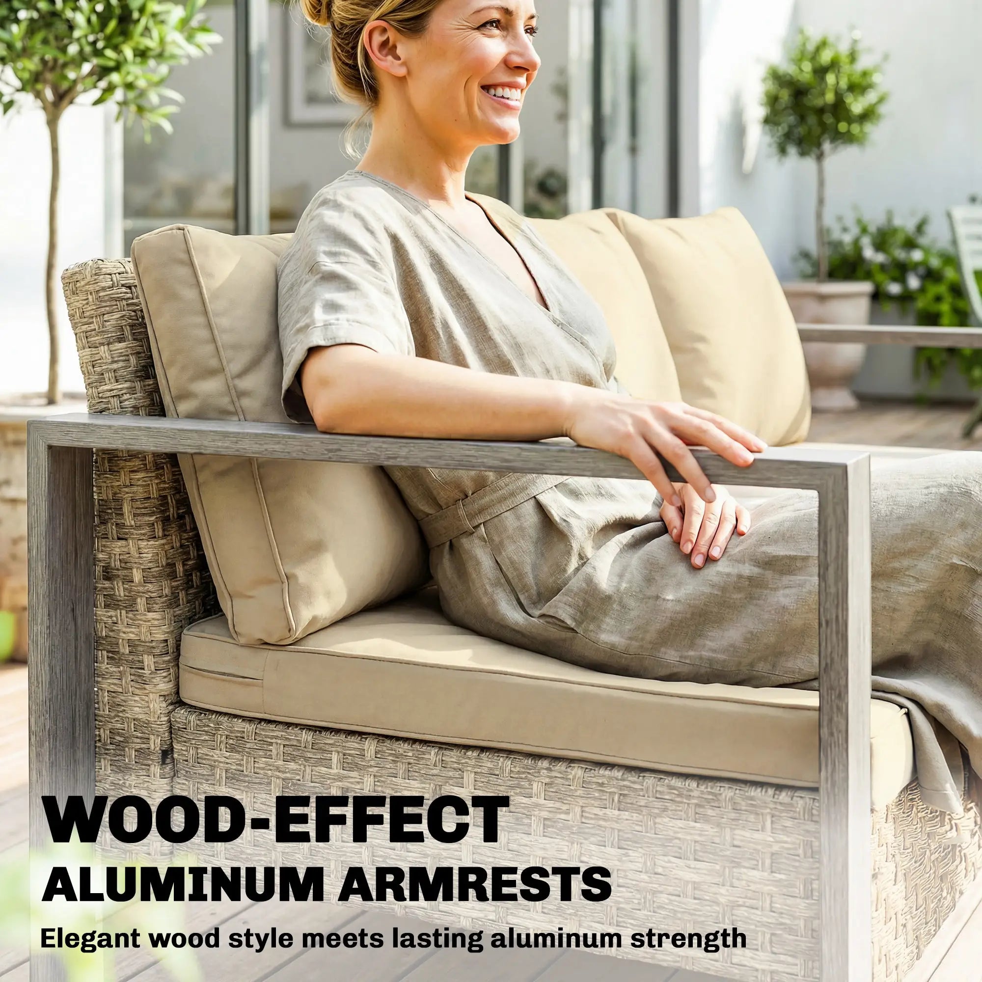 3-Seater Outdoor Couch, PE Wicker Patio Sofa, Khaki Patio Furniture Sets at Gallery Canada