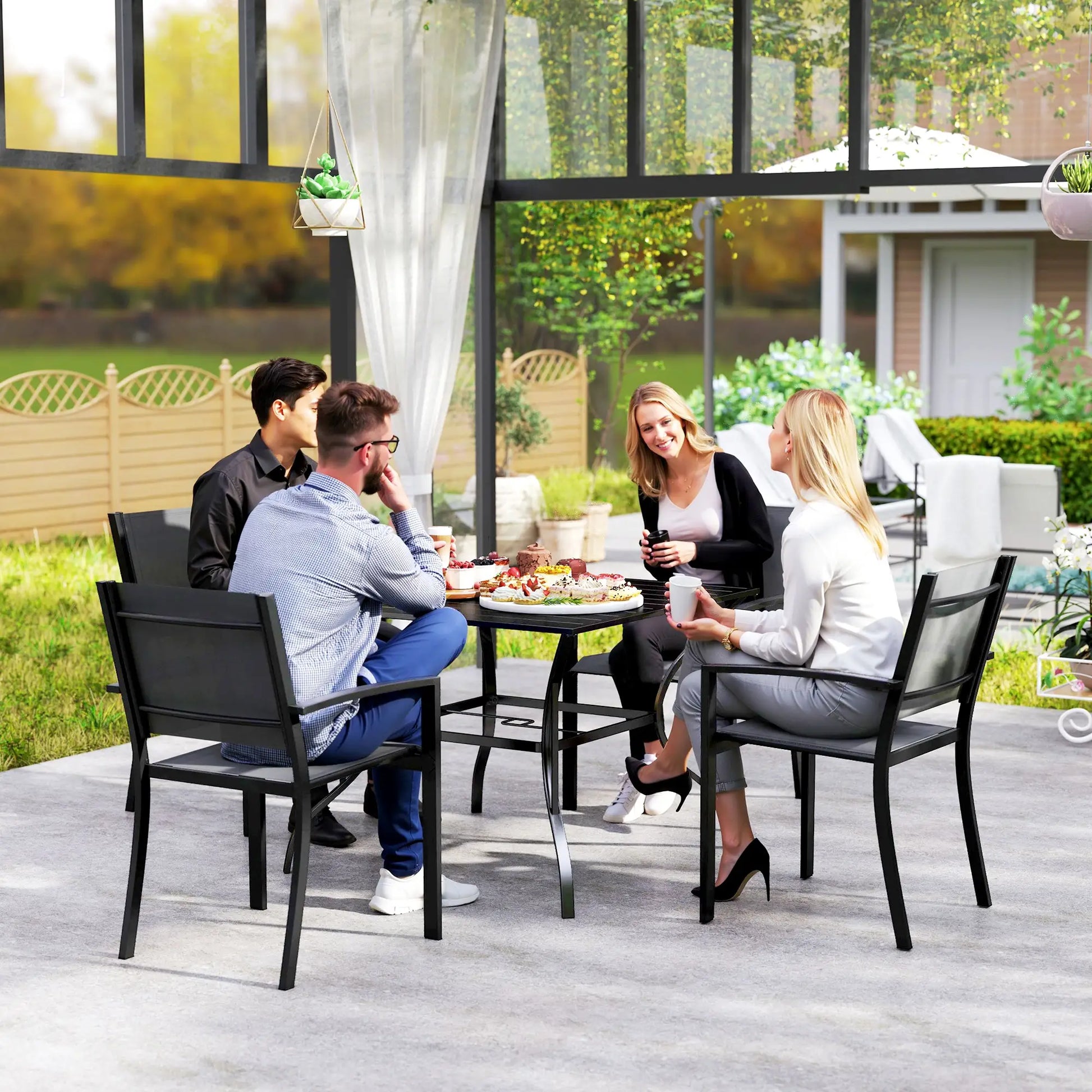 Outdoor Dining Table for Four, Square Garden Table with Slatted Metal Top, Black Patio Dinning Tables at Gallery Canada