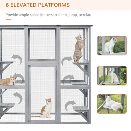 Large Outdoor Catio Enclosure, Weatherproof Cat House, Wooden Patio Cage, 6 Platforms, 71" x 39" x 71", Grey Outdoor Cat Enclosures at Gallery Canada
