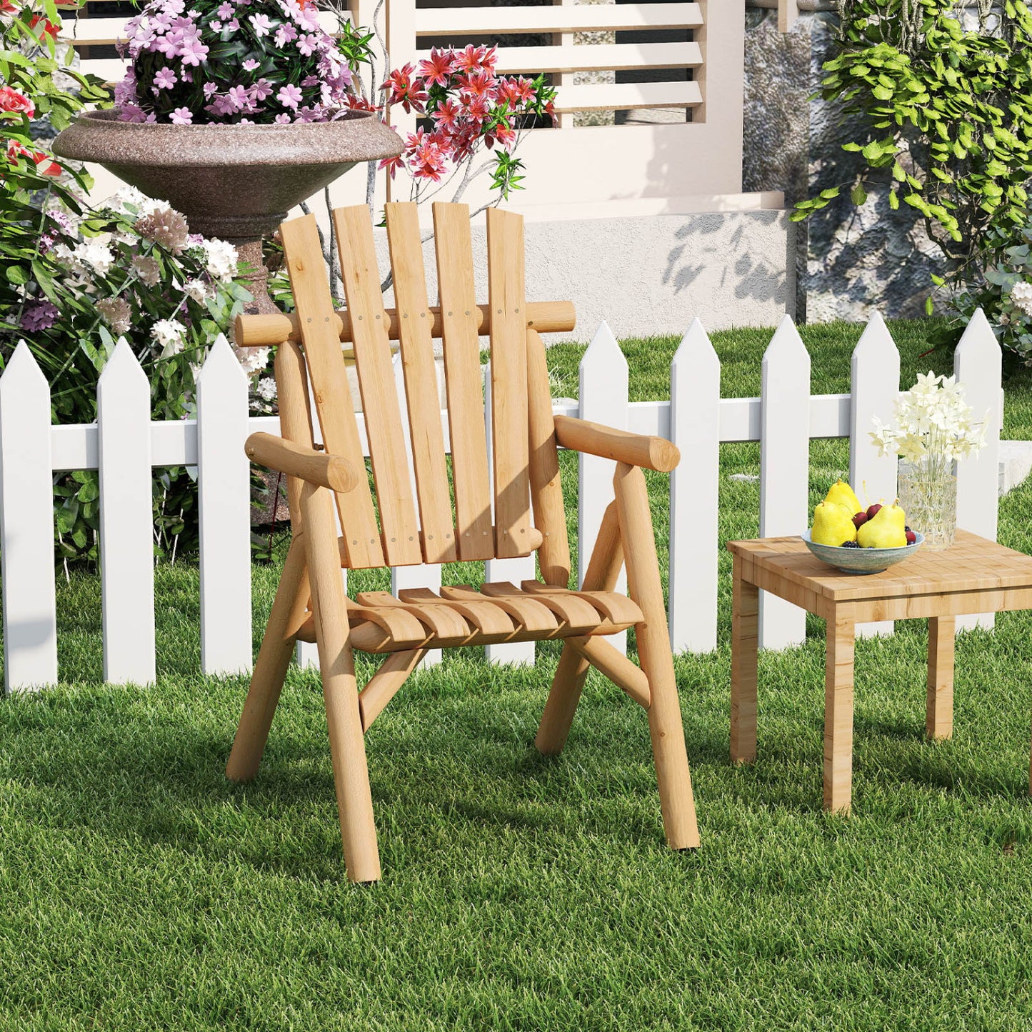 Chaise de patio en bois avec dossier à lattes, naturelle