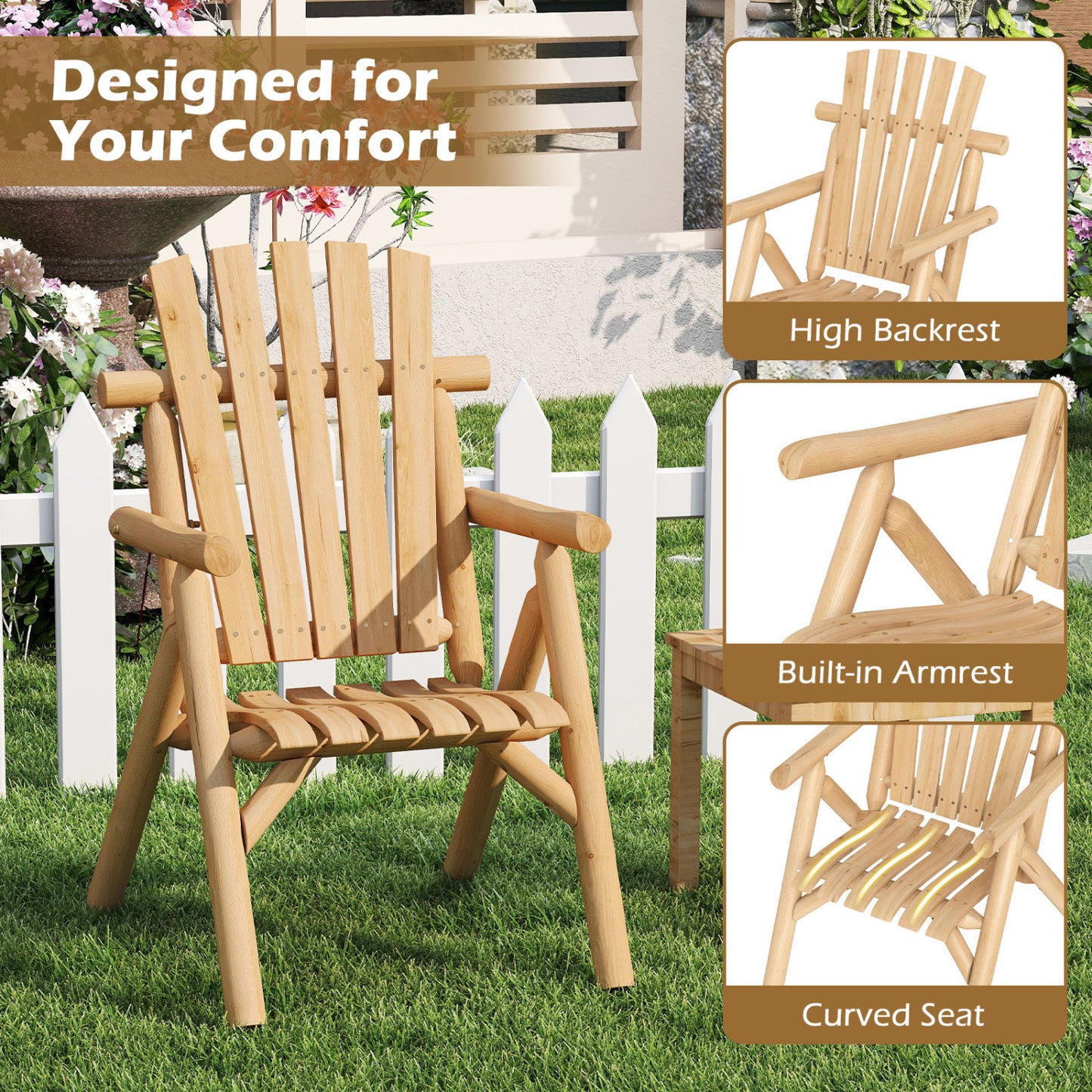 Chaise de patio en bois avec dossier à lattes, naturelle