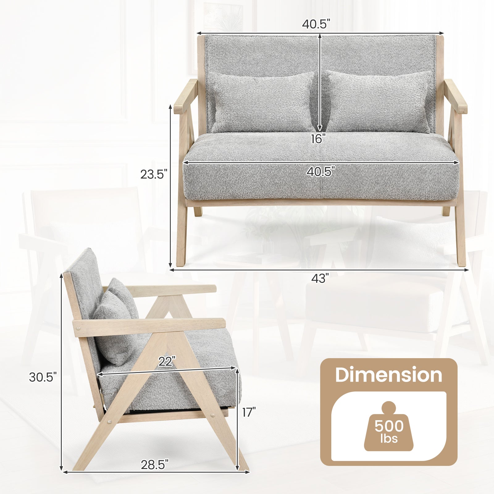 Loveseat Sofa, Rubber Wood Frame, Padded Seat, Gray Sofas & Loveseats at Gallery Canada