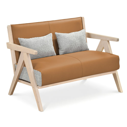 Small Loveseat Sofa, Rubber Wood Frame, Padded Seat, Brown