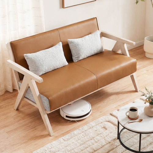 Small Loveseat Sofa, Rubber Wood Frame, Padded Seat, Brown