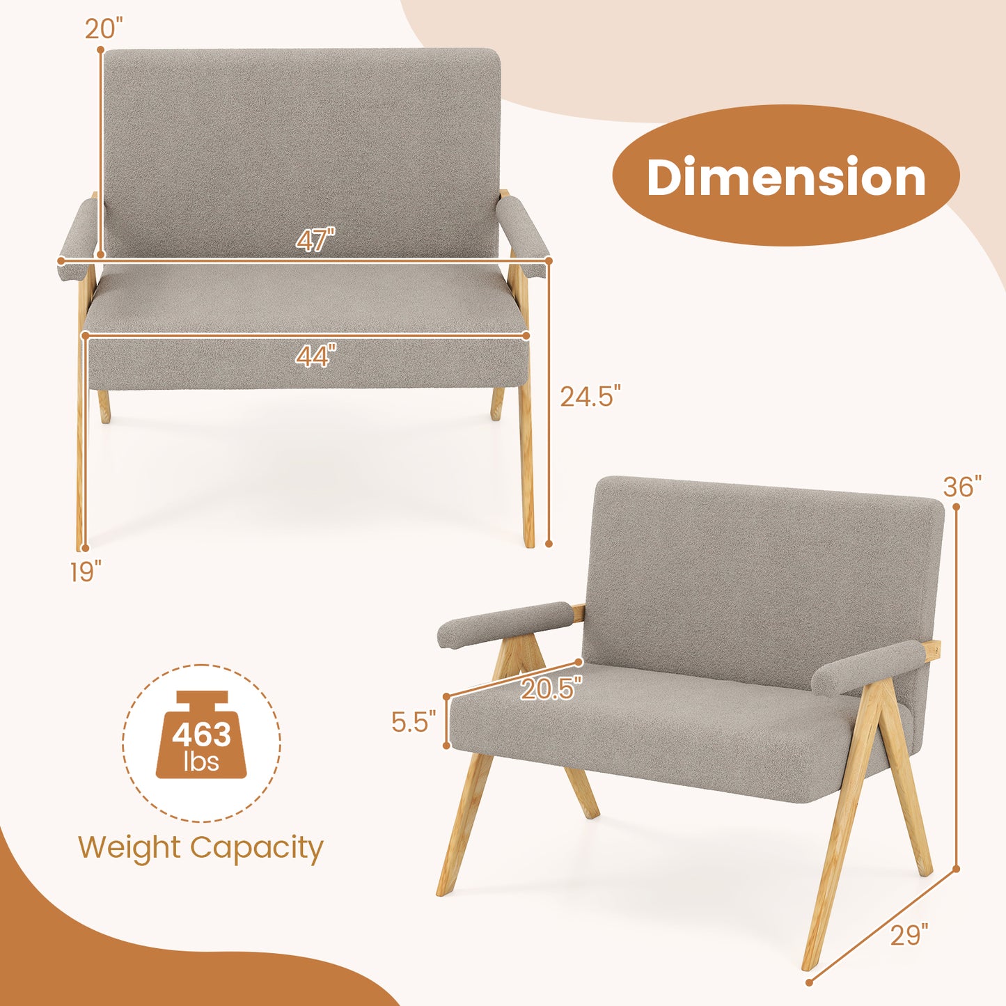 Loveseat Sofa with Armrests and Wooden Legs, Gray Sofas & Loveseats at Gallery Canada