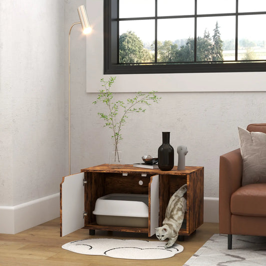 Hidden Cat Litter Box Enclosure, Double Doors, Sand Drain Pad, Rustic Brown Cat Litter Box Enclosures Rustic Brown, White at Gallery Canada