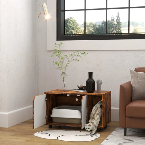 Hidden Cat Litter Box Enclosure, Double Doors, Sand Drain Pad, Rustic Brown
