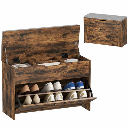 Shoe Storage Bench with Flip Drawer, Lift Top, Seat Cushion, Rustic Brown Shoe Storage Cabinets & Racks at Gallery Canada