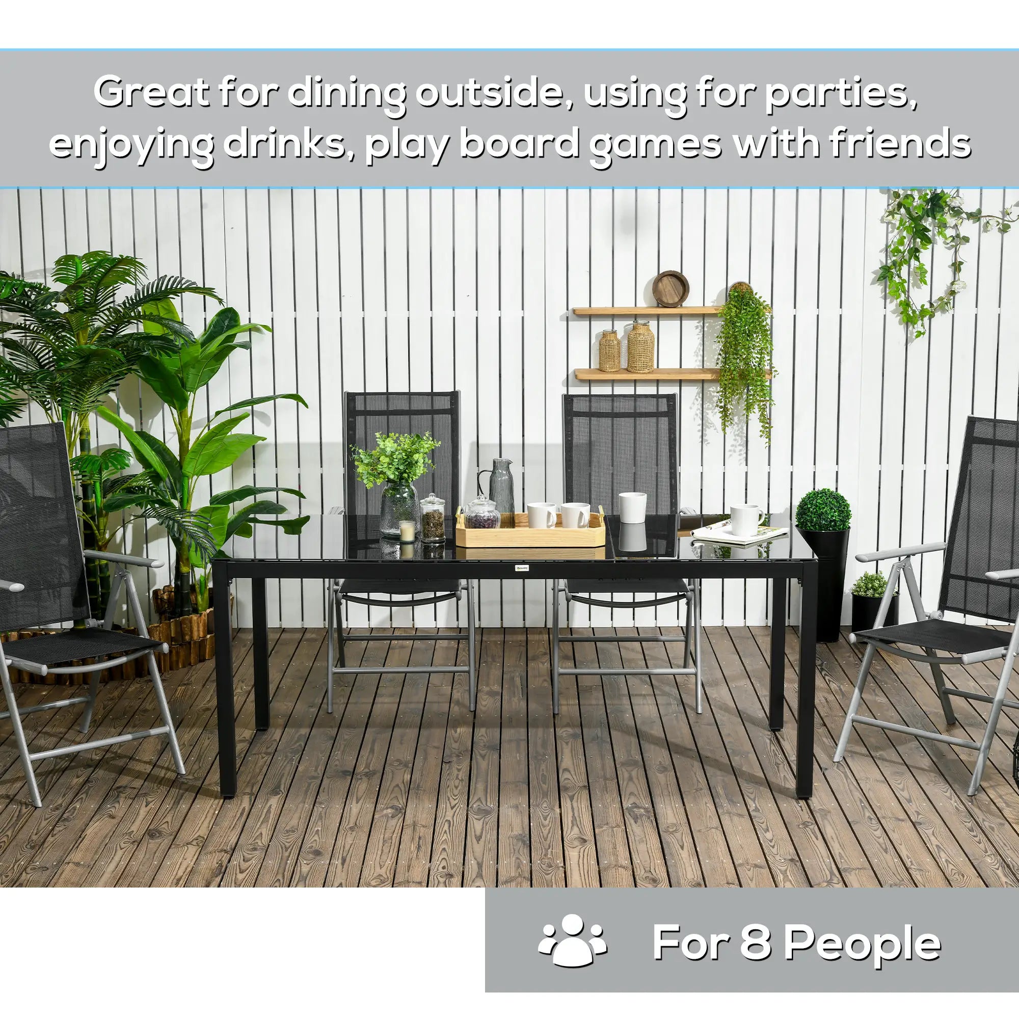 Rectangular Outdoor Dining Table For 8, Tempered Glass Top, Aluminum Frame, 70.9