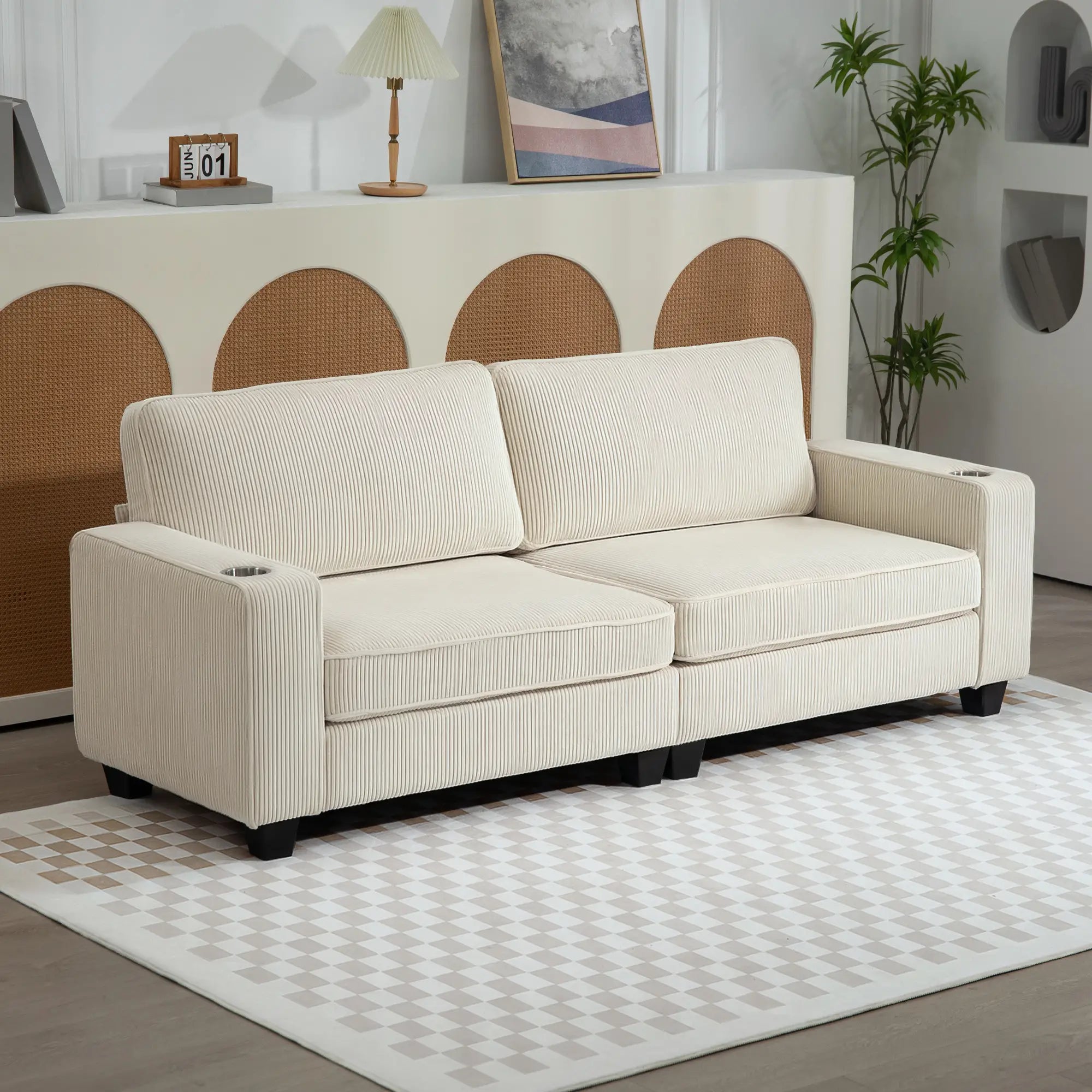 Three Seater Sofa, Fabric Couch with Spring Cushion, Cream White 3-Seater Sofas at Gallery Canada