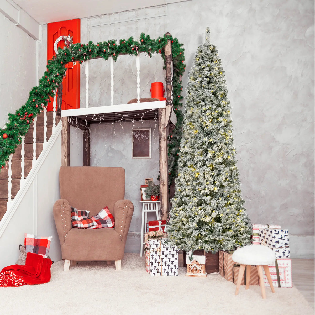 9 Feet Prelit Snow Flocked Pencil Christmas Tree, Warm White LED, Green Pre Lit Christmas Trees at Gallery Canada