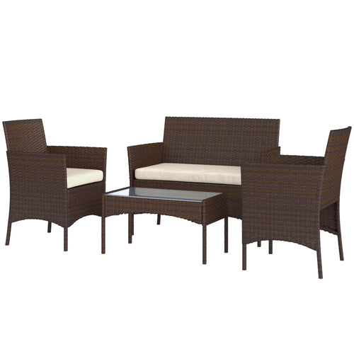 4-Piece Wicker Patio Furniture Set, Loveseat Chairs, Glass Table, Beige