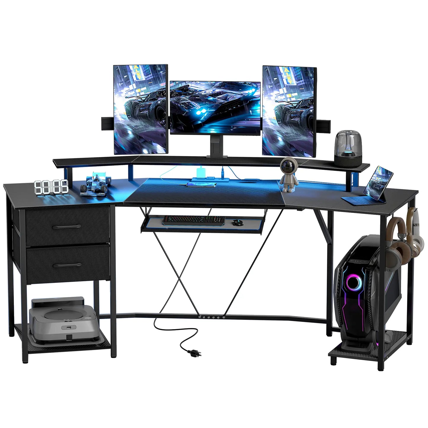 79 Inch Gaming Desk With RGB Lights, Power Outlets, USB Ports, Keyboard Tray, 2 Drawers, Black Gaming Desks Black at Gallery Canada