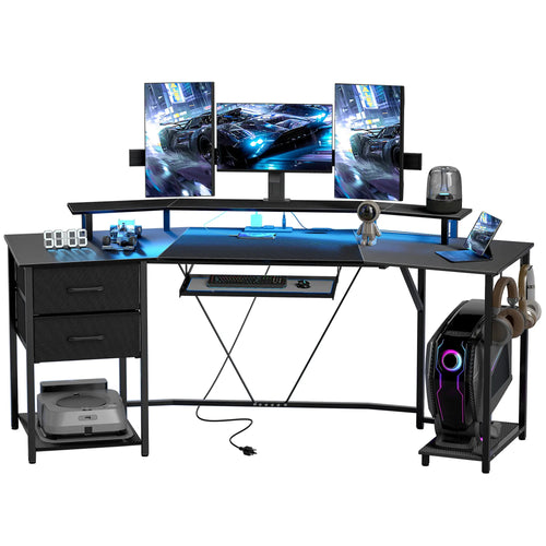 79 Inch Gaming Desk With RGB Lights, Power Outlets, USB Ports, Keyboard Tray, 2 Drawers, Black