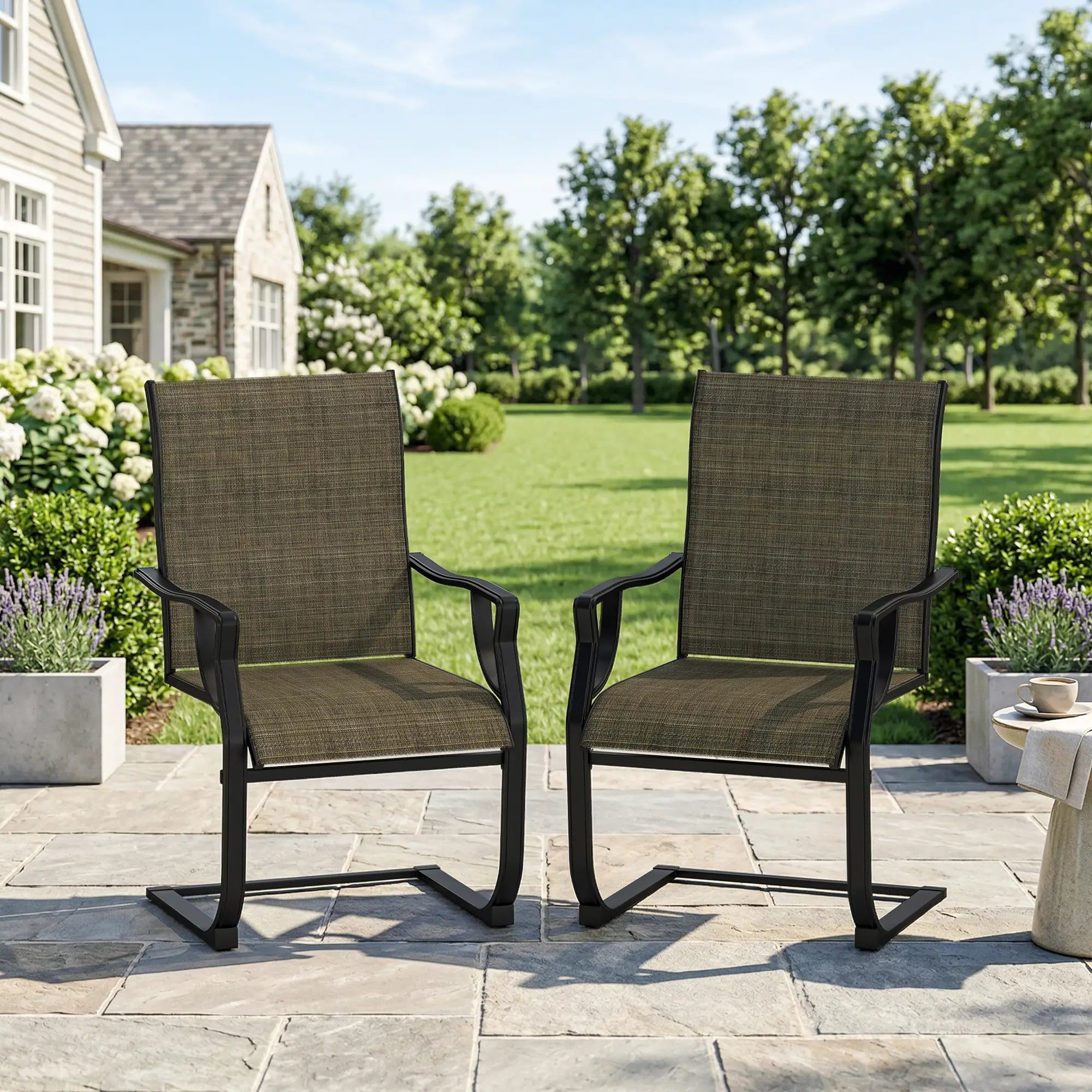 Spring Motion Patio Chairs Set Of 2, Curved High Backrest, Armrest, All Weather Fabric, Metal Frame Outdoor Dining Sets at Gallery Canada