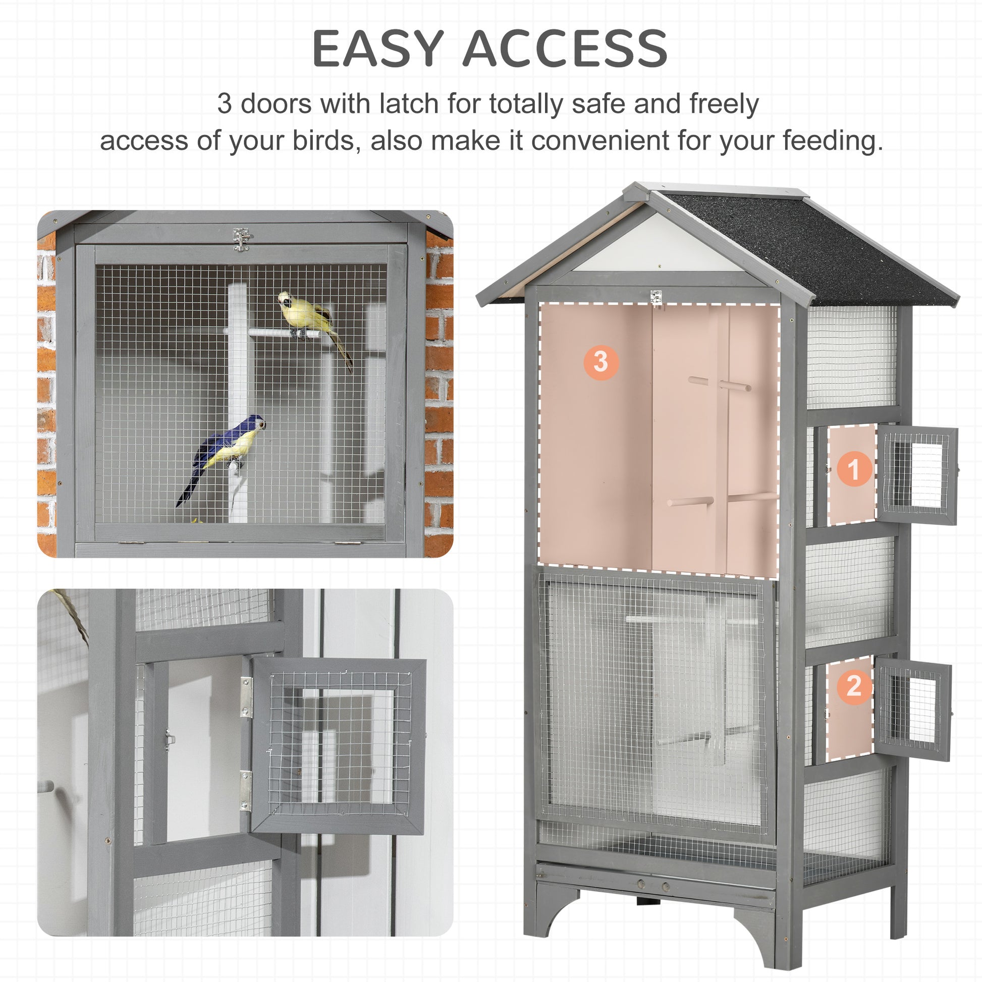 Wooden Bird Aviary Parrot Cage Pet Furniture with Removable Bottom Tray, 2 Doors, Asphalt Roof, 4 Perches, Light Grey at Gallery Canada