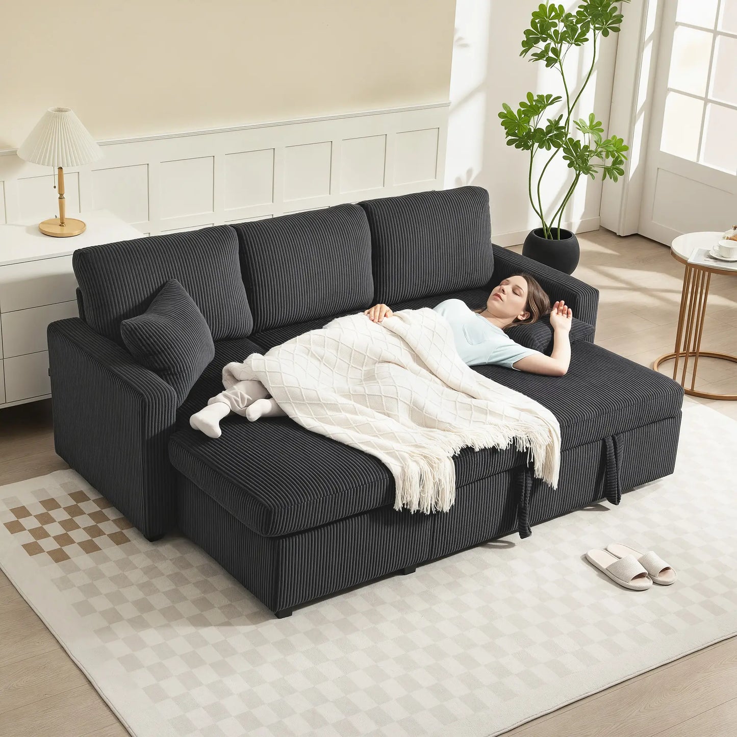 81" Sofa Bed, Pull Out Sleeper with Storage, Corduroy Convertible Couch, Dark Grey Sofas & Reclining Chairs at Gallery Canada
