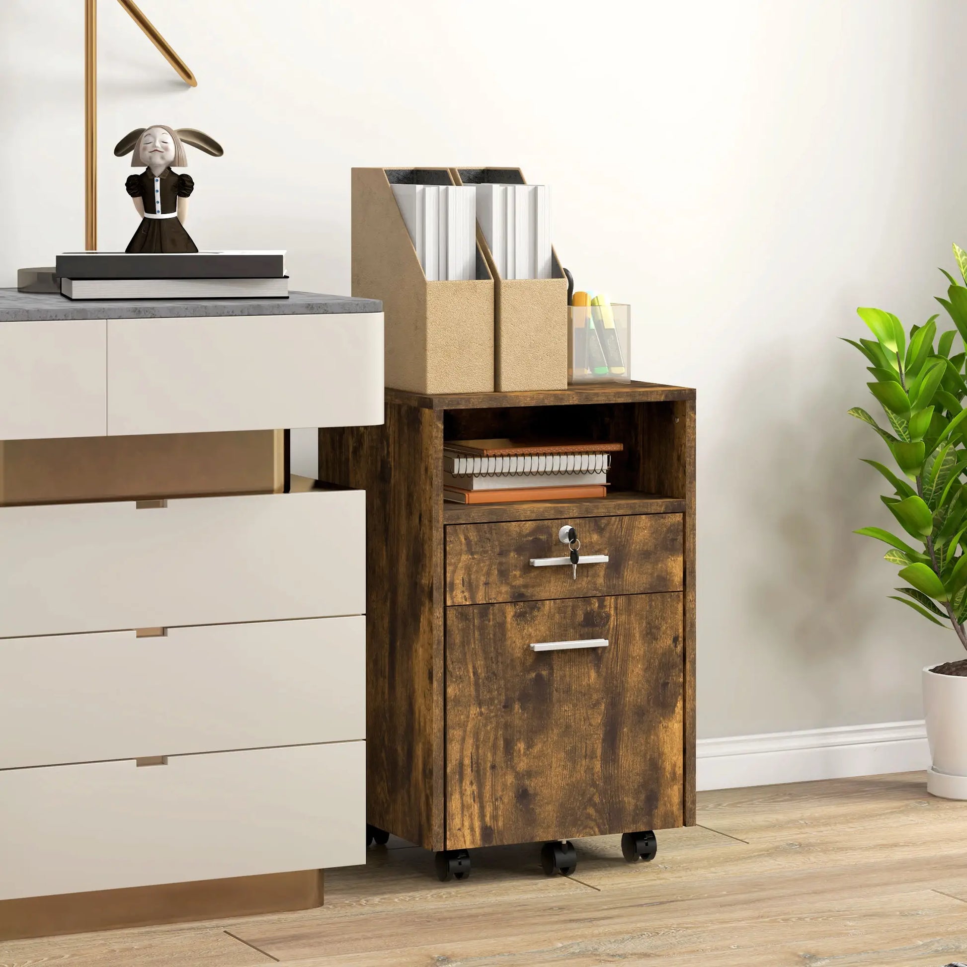 Small 2-Drawer Filing Cabinet, Lockable, on Wheels, Rustic Brown Office Cabinets & Cupboards at Gallery Canada