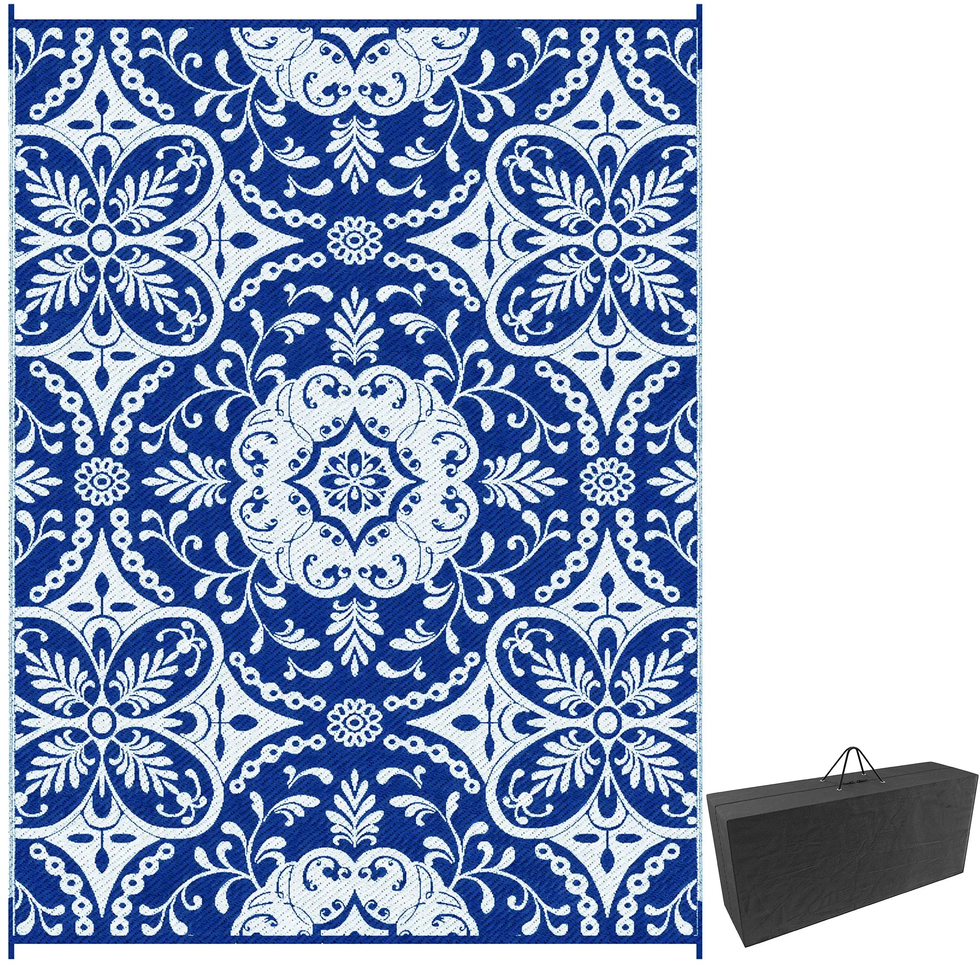 Portable Outdoor Rug, 9' x 12', White Flower, Waterproof, Reversible, Blue Outdoor Reversible Rugs Options at Gallery Canada