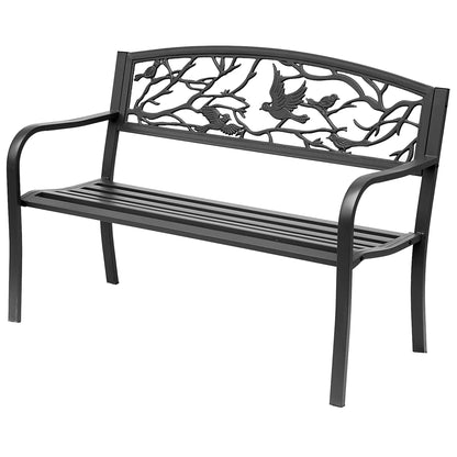 50" Garden Bench, Outdoor Loveseat, Vintage Bird Pattern, Cast Metal, Black Outdoor Benches Black at Gallery Canada