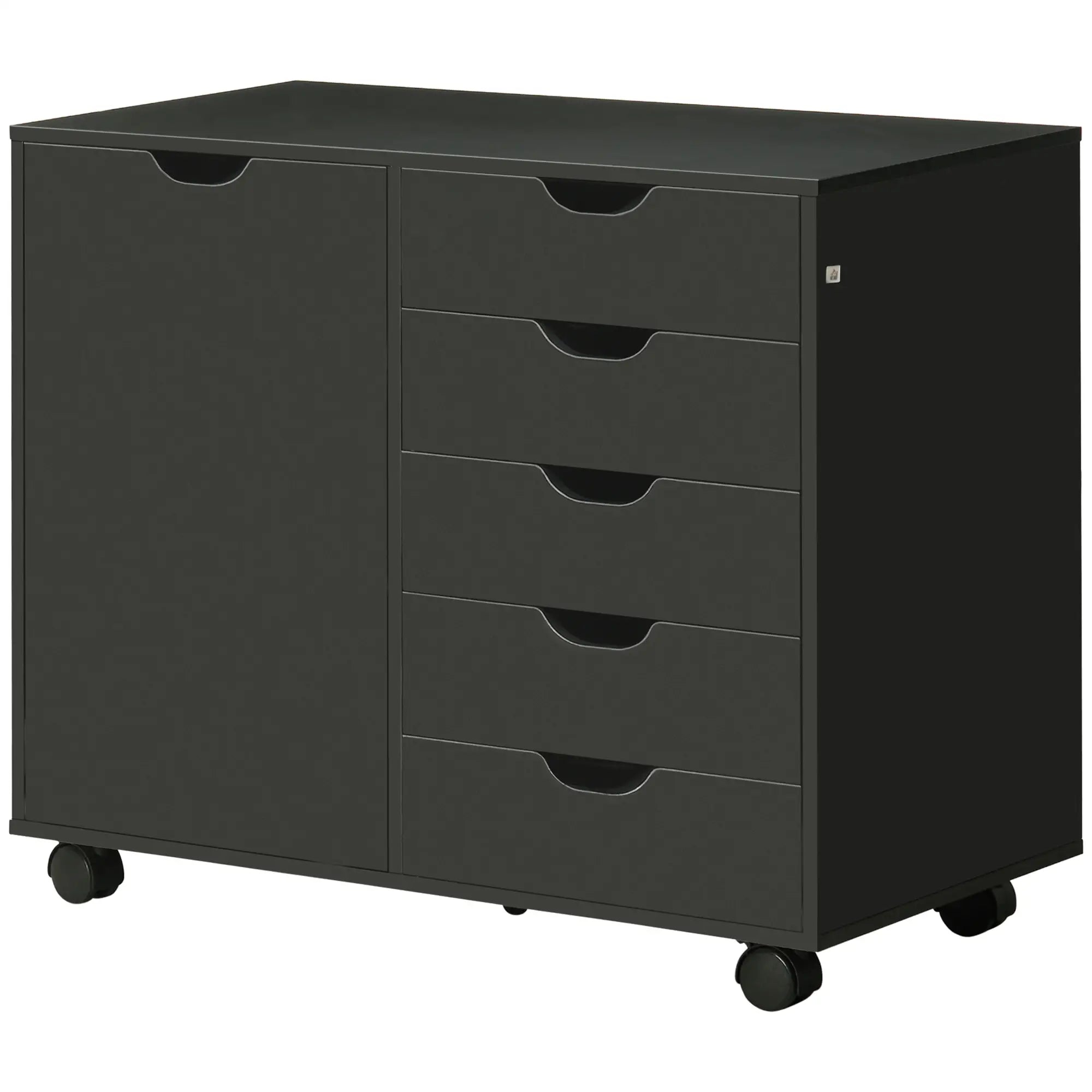 5-Drawer Lateral Filing Cabinet with Door, Adjustable Shelf, Wheels, Black Storage Cabinets Black at Gallery Canada