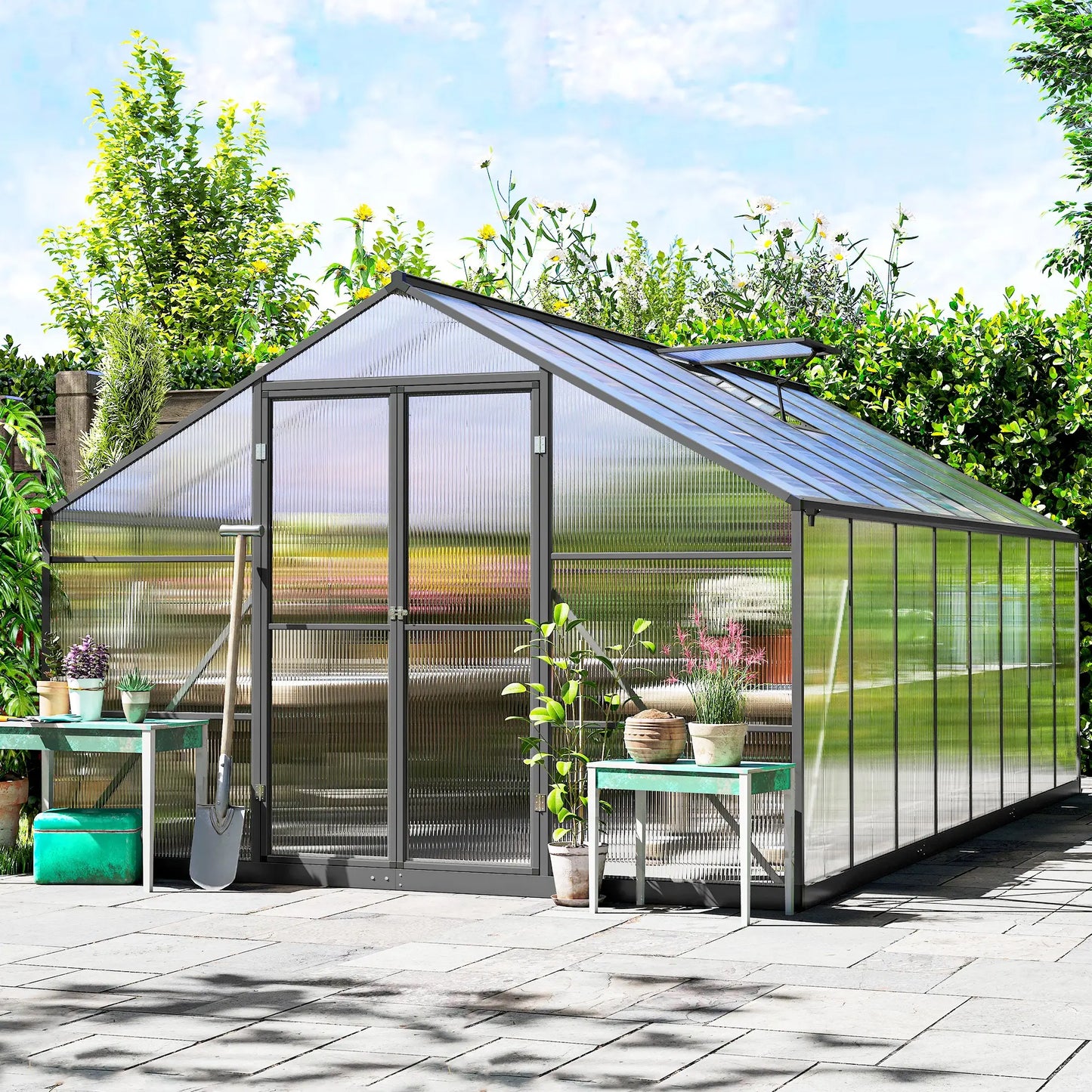 Polycarbonate Greenhouse, Walk-In With Windows, 8' x 16' x 7', Dark Grey