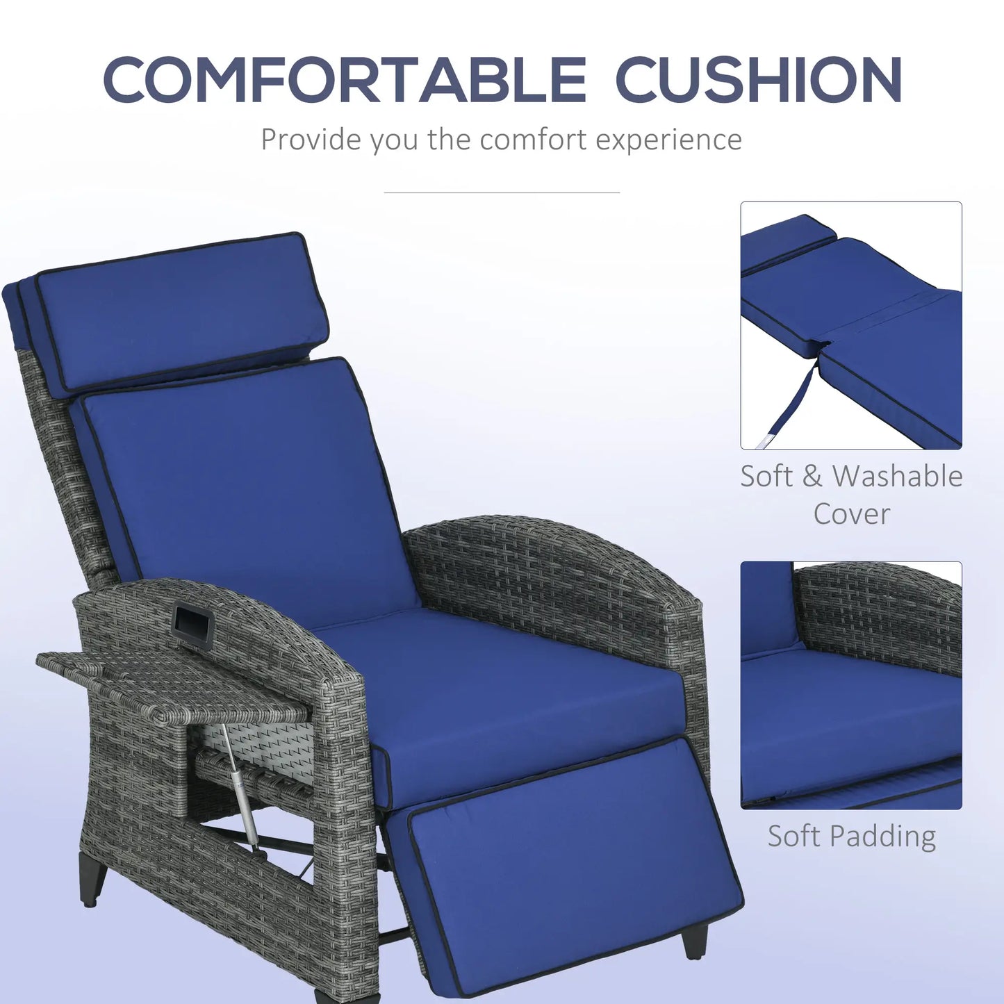 Outdoor Recliner Chair, Adjustable Backrest, Cushion, Side Tray, Dark Blue Wicker Chaise Loungers at Gallery Canada
