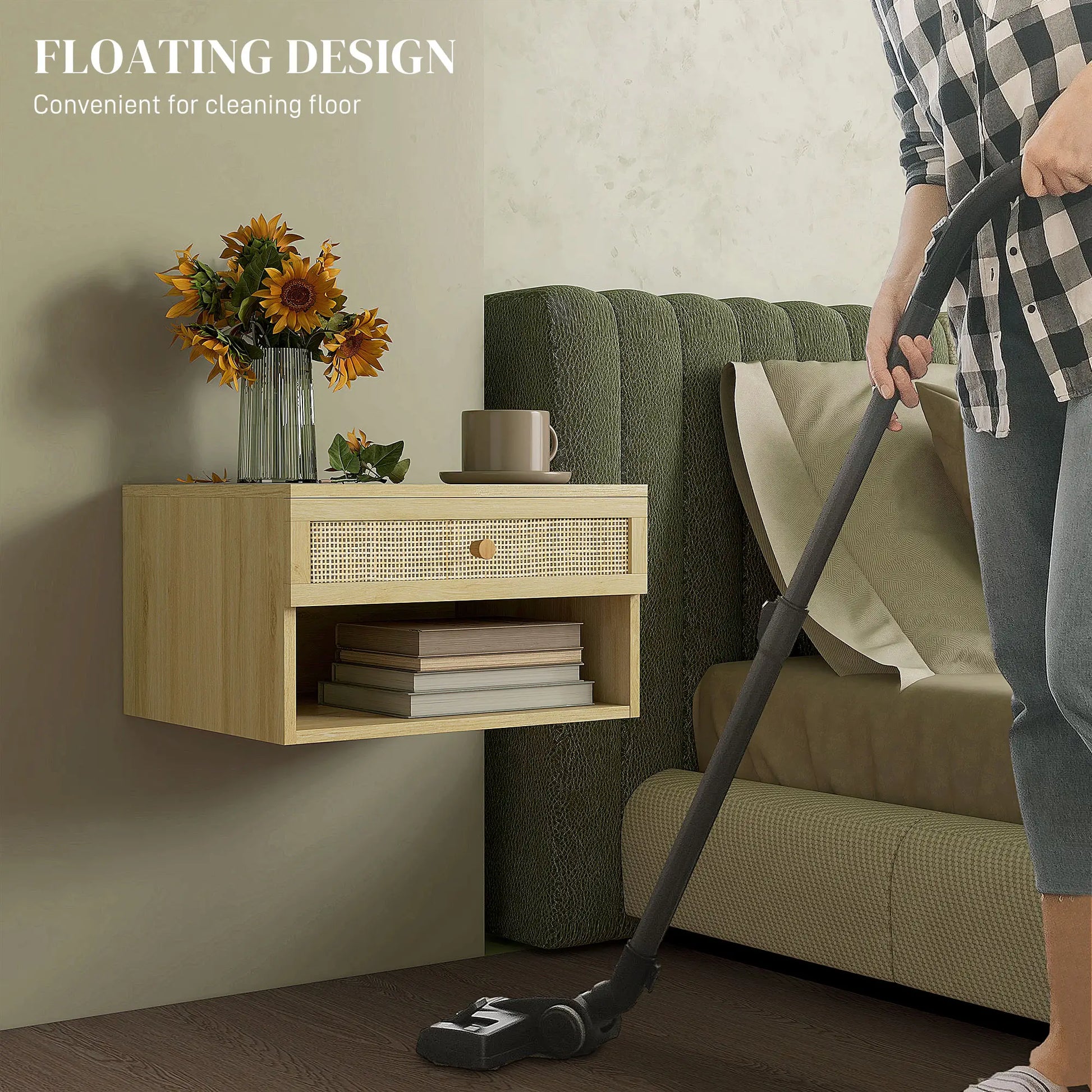 Floating Nightstand Set of 2, Wall Mounted Bedside Table with Drawer, Natural Wood Bedside Tables at Gallery Canada