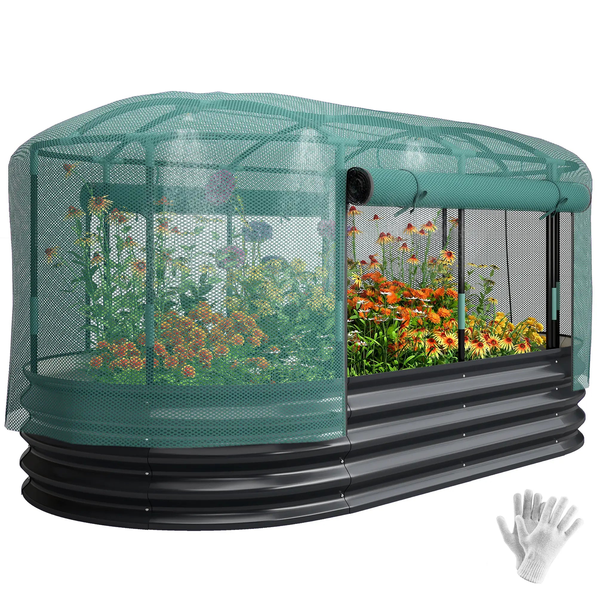 6' x 3' Galvanized Raised Garden Bed, Crop Cage Net Cover, Watering System, Dark Grey Raised Garden Beds at Gallery Canada
