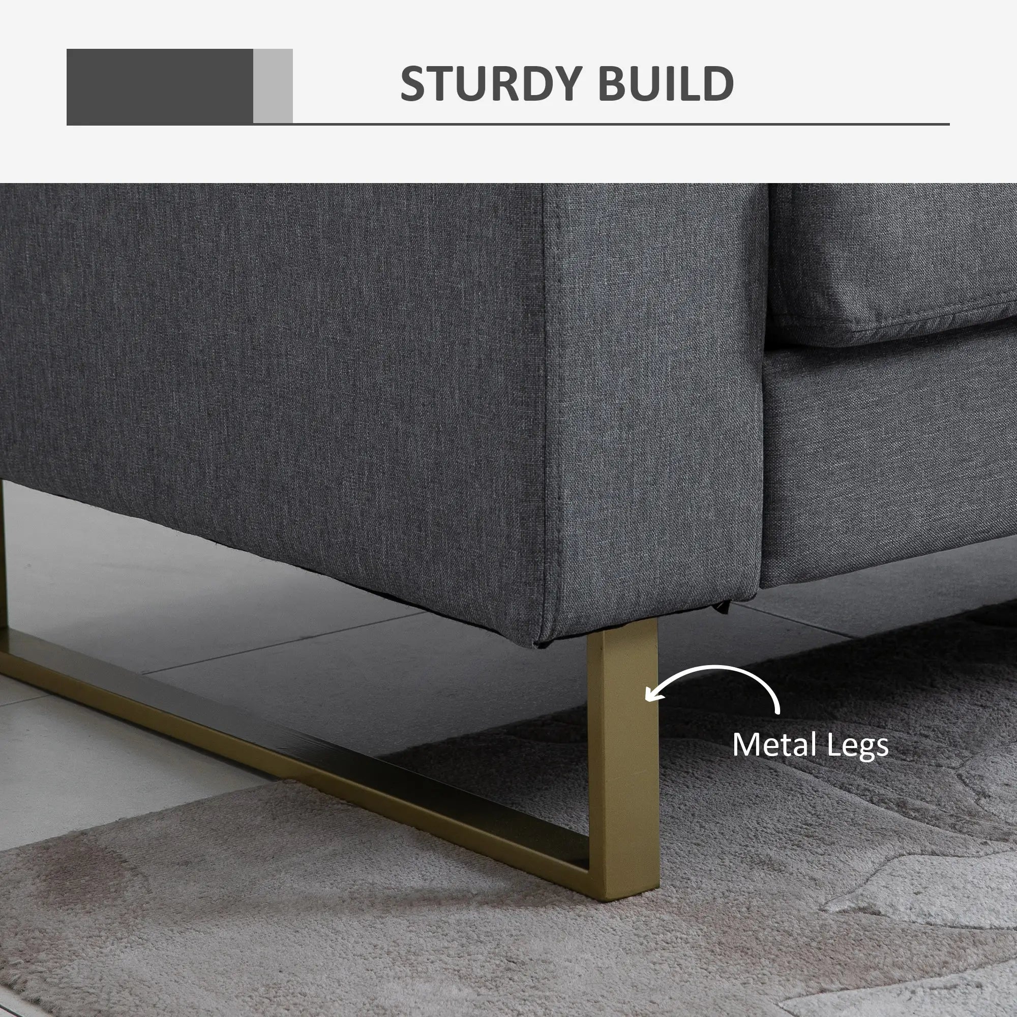 3 Seater Sofa, Linen Upholstered, Steel Leg, Wide Armrest, Grey 3-Seater Sofas at Gallery Canada