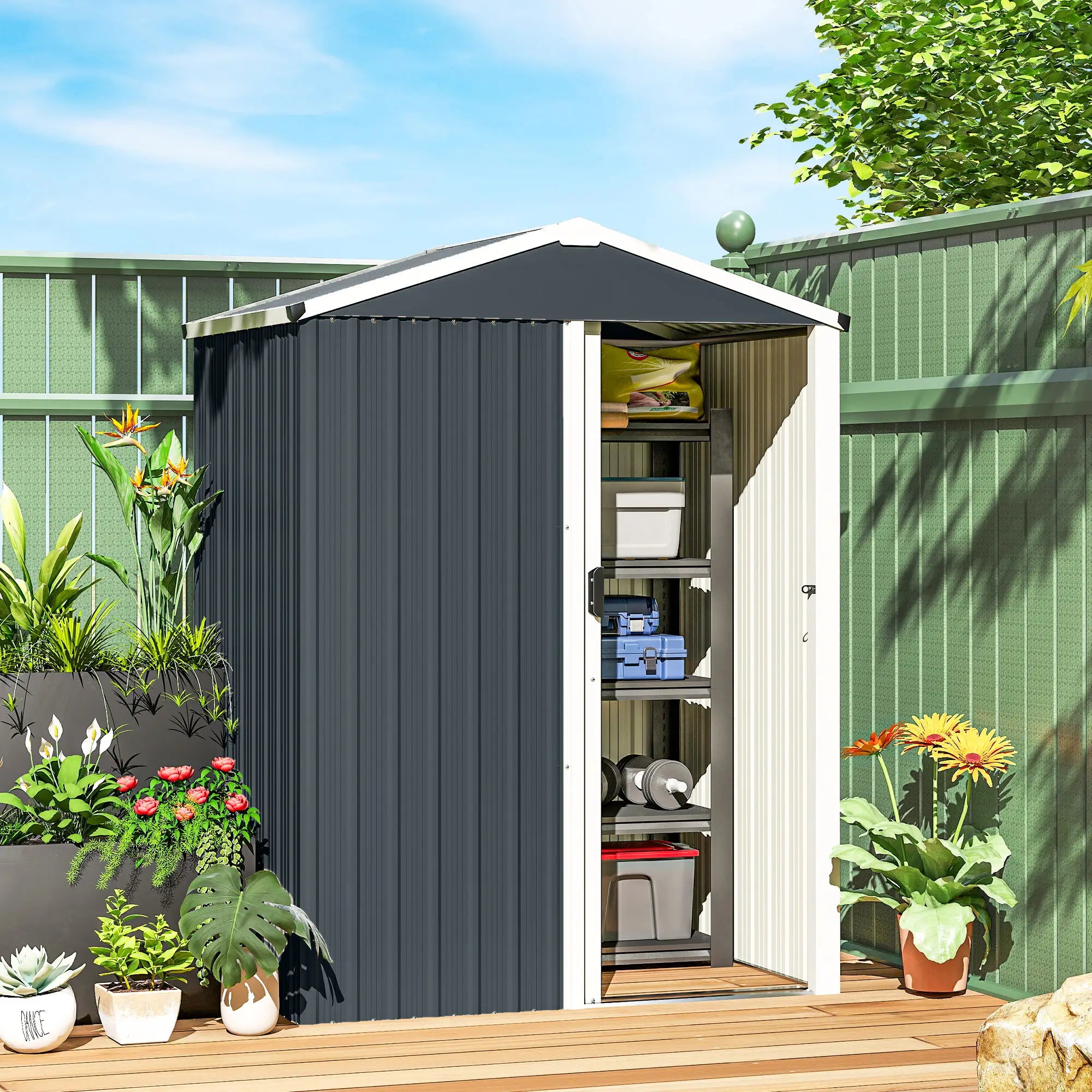 4.5 x 3ft Metal Garden Shed, Waterproof, Lockable Door, Dark Grey Sheds at Gallery Canada