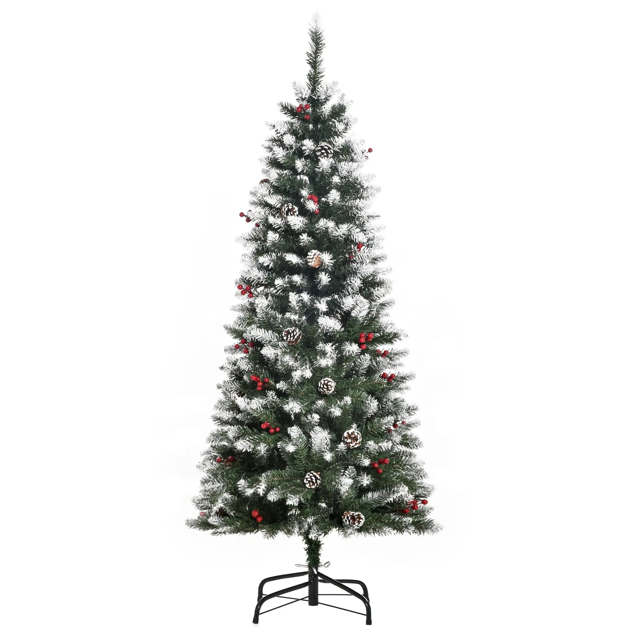 5ft Flocked Christmas Tree, Red Berries Pine Cones, Pencil Shape, Green Pencil Christmas Trees Green at Gallery Canada