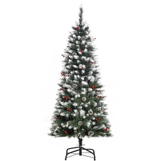 5ft Flocked Christmas Tree, Red Berries Pine Cones, Pencil Shape, Green Pencil Christmas Trees Green at Gallery Canada