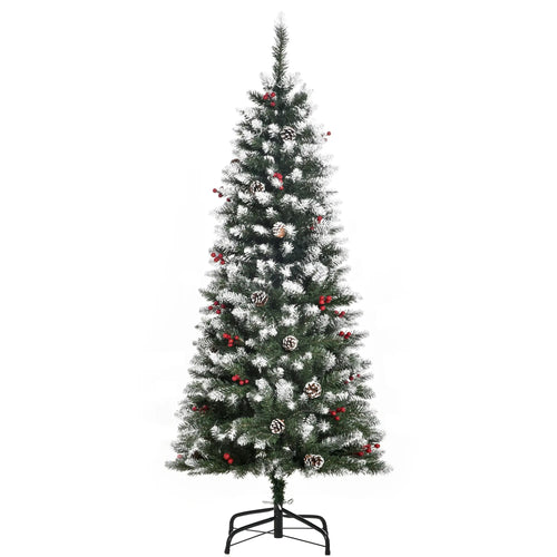 5ft Flocked Christmas Tree, Red Berries Pine Cones, Pencil Shape, Green