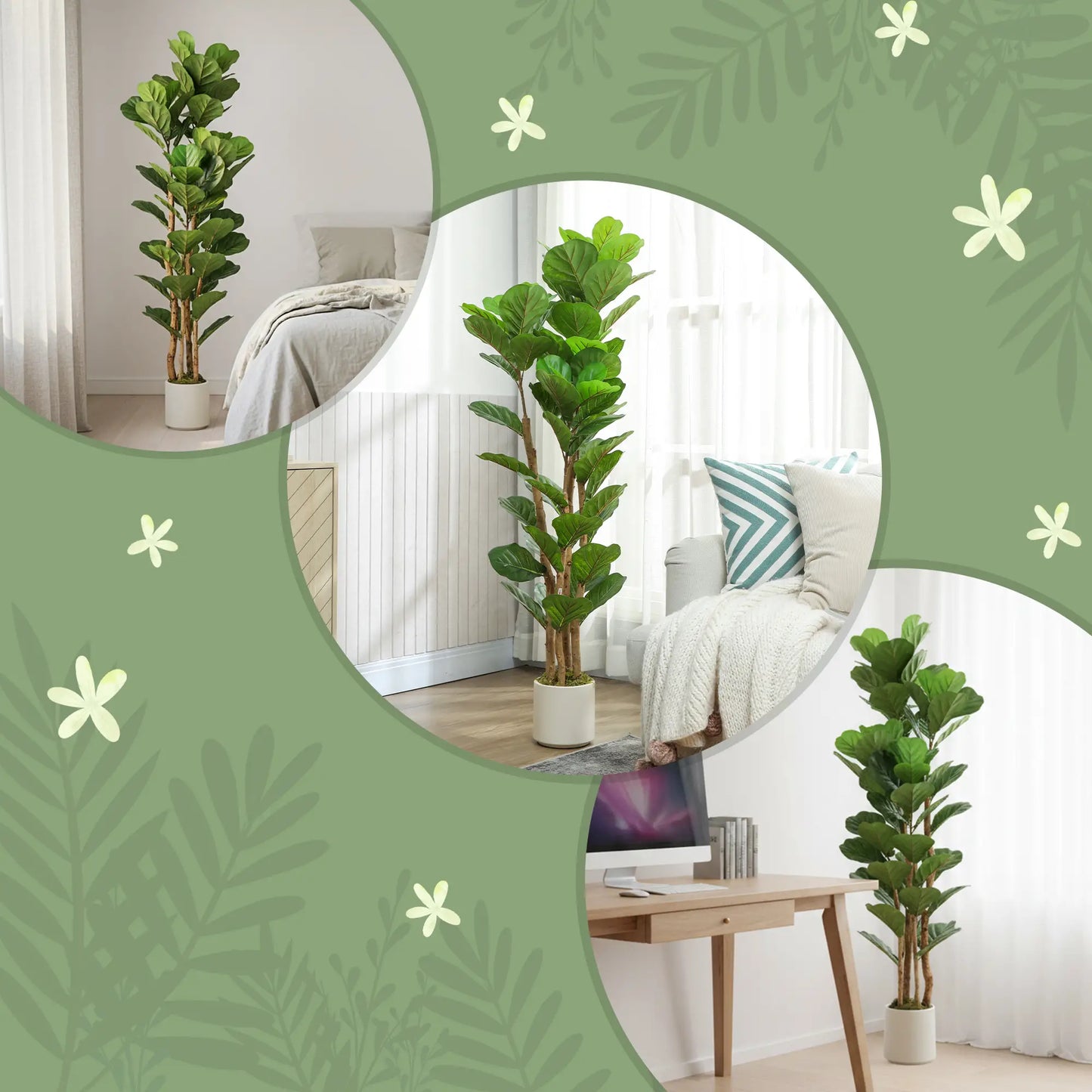 5FT Artificial Fiddle Leaf Fig Tree Set Of 2, Fake Potted Tree, Green Artificial Trees at Gallery Canada
