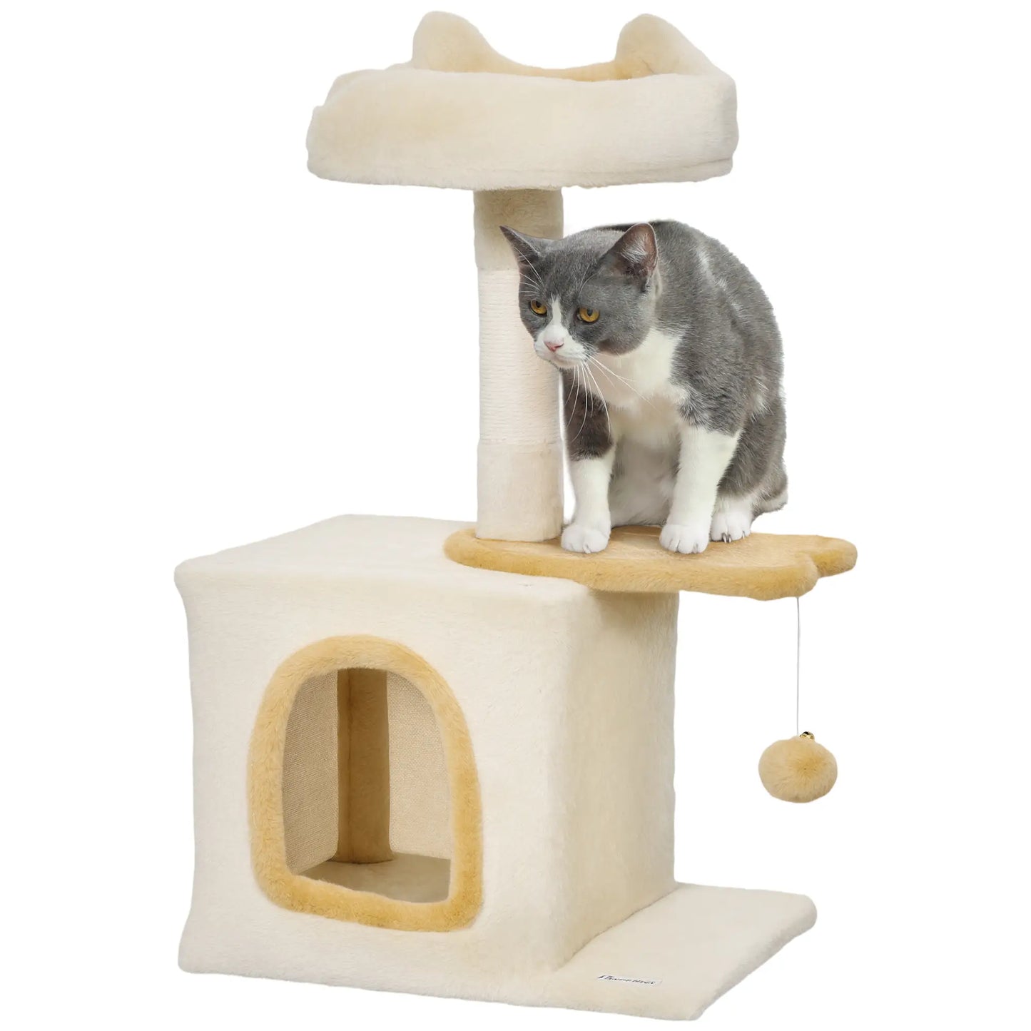 28 Inch Cat Tree Tower with Plush Bed, Condo, Sisal Post, Perch, Dangling Ball, Beige and Yellow Cat Posts at Gallery Canada
