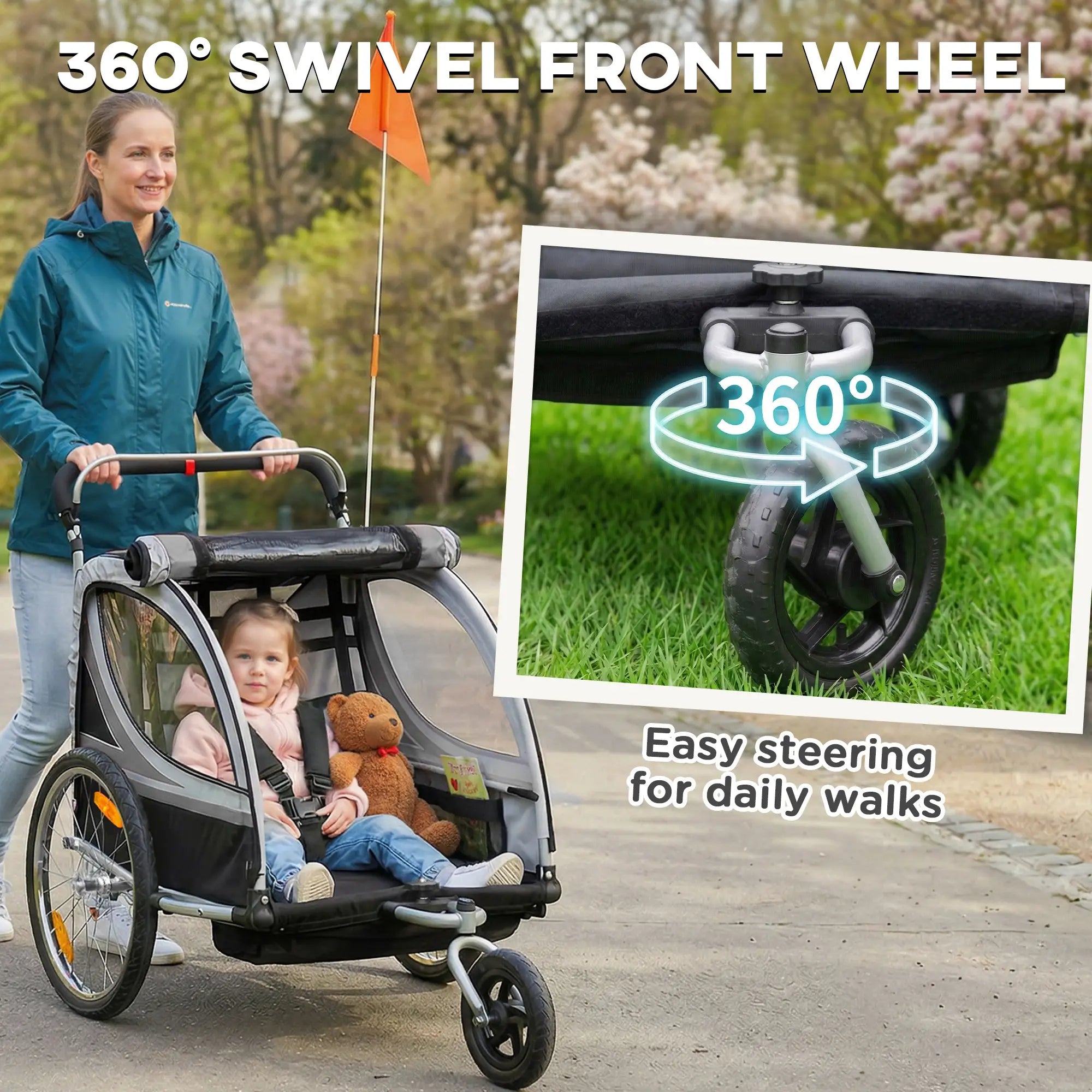 2 Seat Bike Trailer, 2-in-1 Baby Stroller, Handbrake, Rubber Wheels, Grey Kids Bike Trailers at Gallery Canada