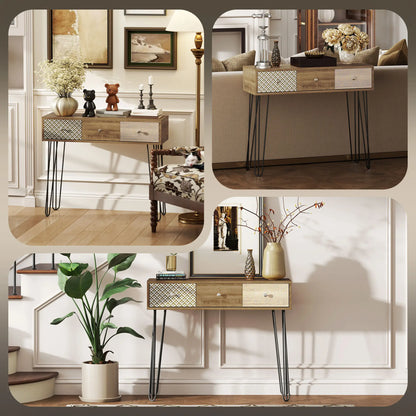 Narrow Console Table with Drawers, 35", Hairpin Legs, Brown Console Tables at Gallery Canada