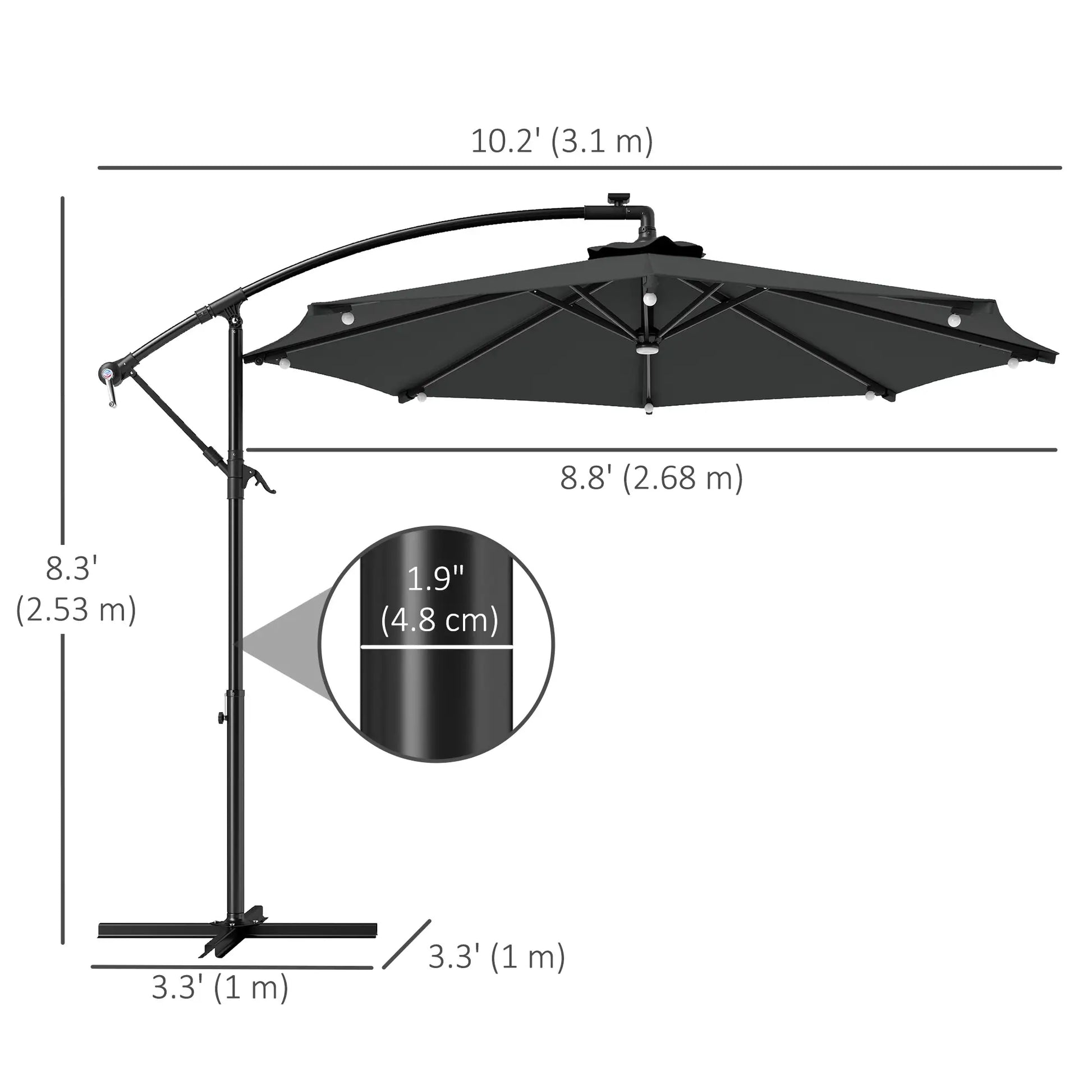 8.8FT Cantilever Patio Umbrella, Solar LED Lights, Crank Handle, Grey Offset Cantilever Umbrellas at Gallery Canada