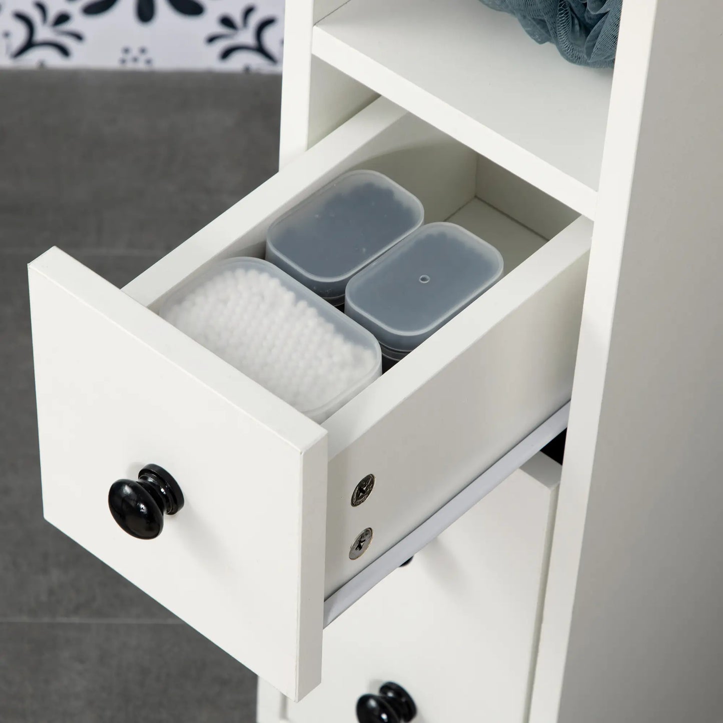 Slim Bathroom Cabinet with Wheels, Door, Drawer, 2 Compartments, White Bathroom Cabinets at Gallery Canada