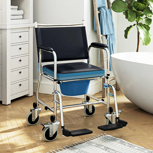 Rolling Shower Chair, Bedside Commode Wheelchair, Padded Seat, 300 lbs, Black